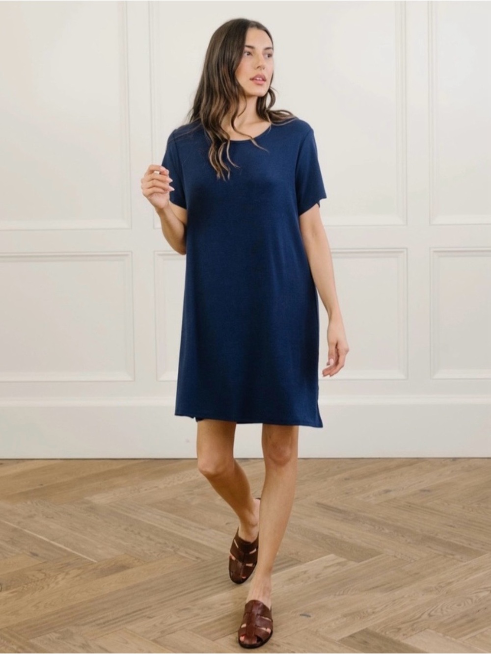 Cozy Earth Bamboo Rib Knit Boyfriend Sleep Dress Navy Blue